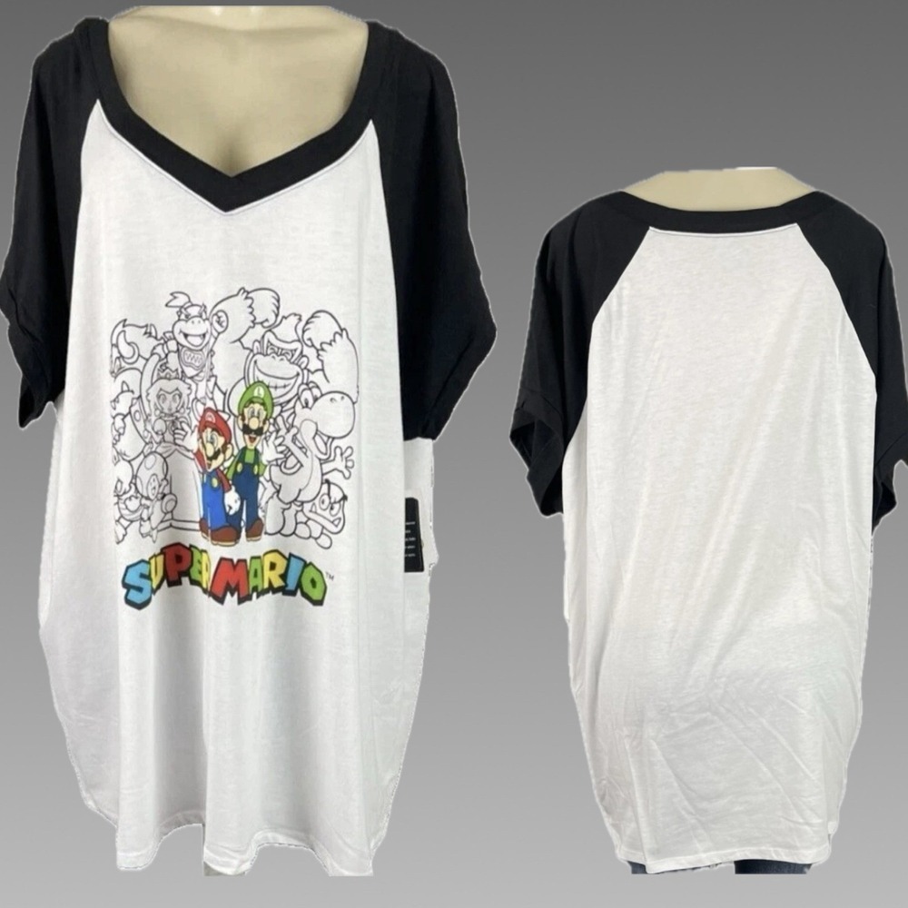 Super Mario Bros +4 Short Raglan Sleeve Graphic Tee White Black V-Neck Nintendo